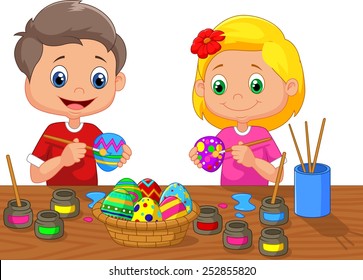 Cartoon kids painting Easter egg