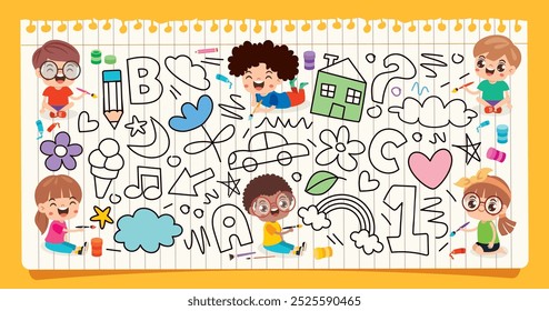 Cartoon Kids Painting On Paper