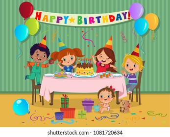 Cartoon kids party with sweets and gifts on birthday celebration. Vector illustration.