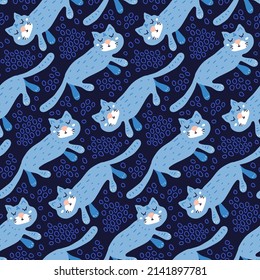 Cartoon kids pattern with cute kittens. Cats for print children's fabrics. Cute dark blue seamless wallpaper with pets for nursery design. Childish animals for textile baby products, stationery cover.