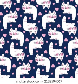 Cartoon kids pattern with cute kittens. Cats for print children's fabrics. Cute dark blue seamless wallpaper with pets for nursery design. Childish animals for textile baby products, stationery cover.