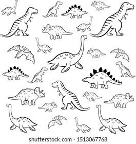 cartoon kids pattern with dinosaurs black and white. Vector illustration, design of wild animals, reptiles, for printing on fabric, clothing, packaging paper, bedding, printing, postcards.