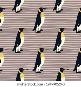 Cartoon kids penguin seamless pattern in hand drawn style. Purple pale striped background. Zoo backdrop. Decorative print for fabric design, textile print, wrapping, cover. Vector illustration.