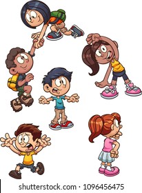 Cartoon kids performing different actions. Vector clip art illustration with simple gradients. Some elements on separate layers.
