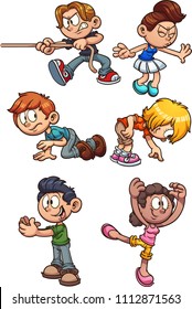 Cartoon kids performing different actions. Vector clip art illustration with simple gradients. Each on a separate layer. 
