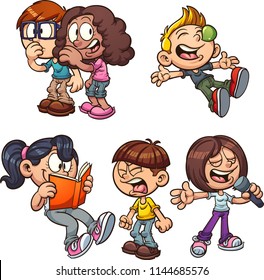 Cartoon kids performing different actions. Vector clip art illustration with simple gradients. Each on a separate layer. 
