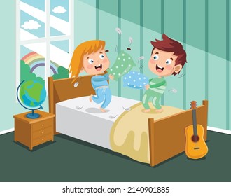 Cartoon Kids Pillow Fighting On Bed Flat Illustration