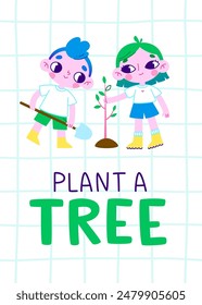Cartoon kids planting a tree. Ecological poster with cute abstract volunteer children gardening.