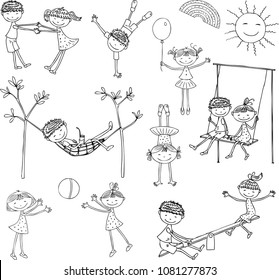 Cartoon kids play and relax on a summer day