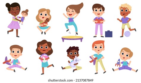 Cartoon kids play with toys, children play with doll and ball. Cute baby characters doing activities vector illustration set. Children playing with teddy bear and doll. Childhood girl and boy smiling