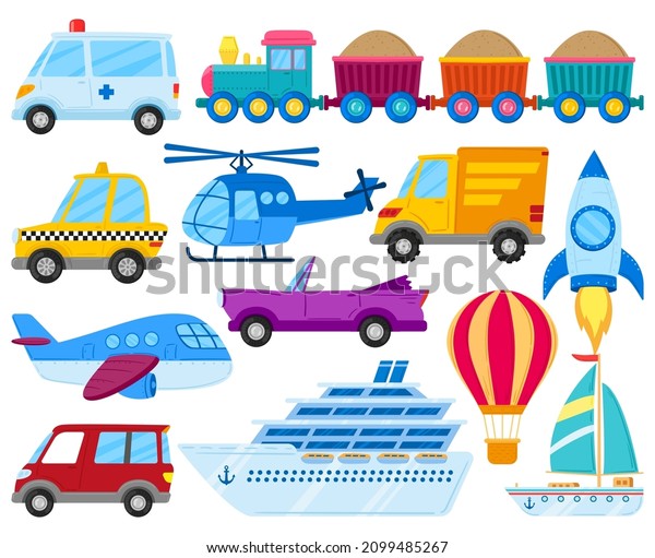 Cartoon kids play vehicles, car, rocket,\
airplane, train and boat. Childish transportation, boat, hot air\
balloon, rocket vector illustration set. Children toy transport or\
automobiles for\
playing