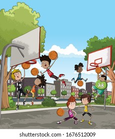 Cartoon Kids Playing Basketball On The Court. Street Basketball Players Training Outdoor In The City Park.

