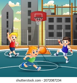 Cartoon Kids Playing Basketball On The Court