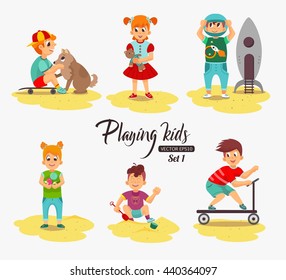 Cartoon kids playing. Boy play with the dog, building sand, rides a scooter, girl holding a teddy bear. Vector eps 10 format.