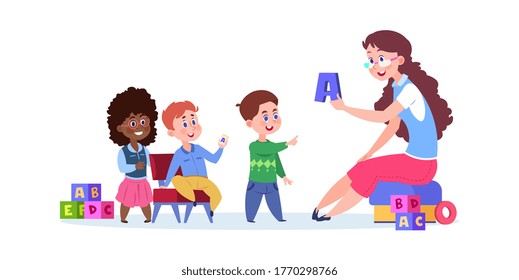 Cartoon kids playing. Children learn read through game. Kindergarten teacher hold letter, cute preschool characters vector illustration