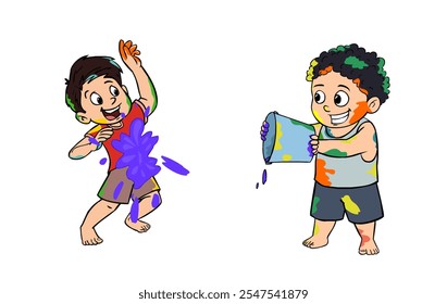 Niños de dibujos animados jugando con Colores, Holi celebrando niños, divertido, feliz, colores festival, dos niños jugando colores, Holi Festival Ilustración