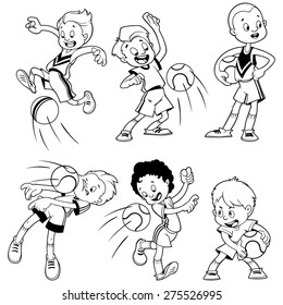 Cartoon kids playing dodgeball. Vector clip art illustration. Outline on a white background.