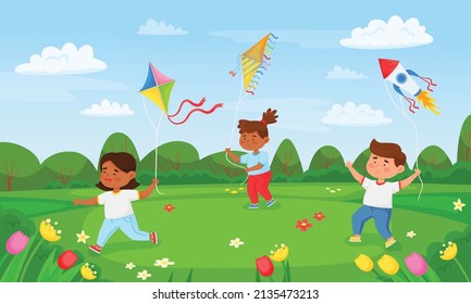 Cartoon kids playing with flying kites in summer park. Children holding kite and running on meadow, having fun outdoor vector illustration. Happy character playing on lawns, leisure time