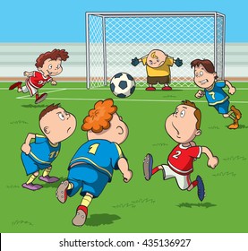 Cartoon kids playing football in the stadium. Vector illustration