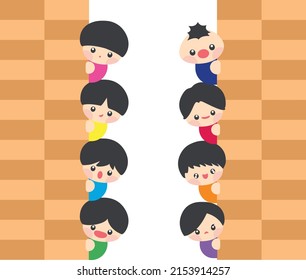 Cartoon kids playing hide and seek hiding before the wall. Children having run playing games. Illustration, vector, EPS10