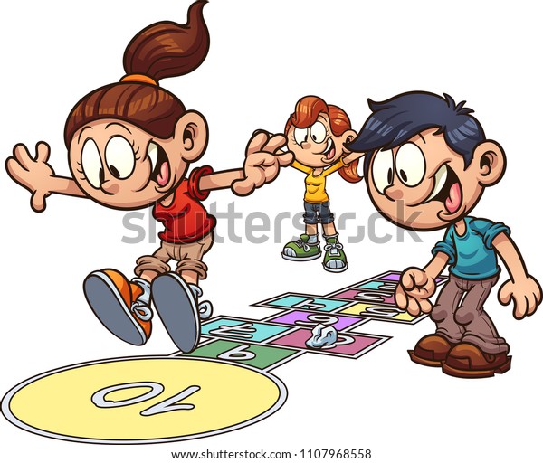 Cartoon Kids Playing Hopscotch Vector Clip Art Illustration With Simple Gradients Some Elements On Separate Layers