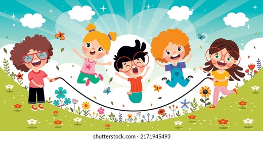Cartoon Kids Playing Jumping Rope