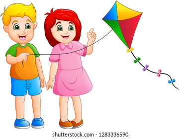 Cartoon kids a playing kites