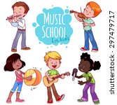 Cartoon kids playing musical instruments and singing. Vector clip art illustration on a white background.