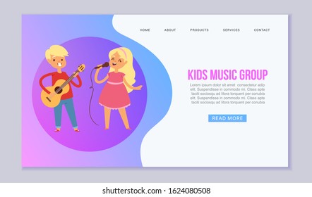 Cartoon kids playing musical instruments and singing vector web template of musical school. Illustration of childrens musicians band, caucasian girl sings songs and boy playing guitar website.