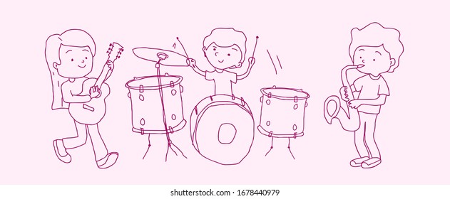 Cartoon kids playing musical instruments and singing