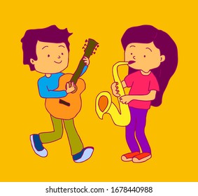 Cartoon kids playing musical instruments and singing