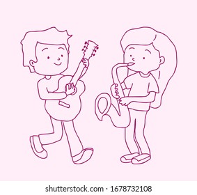 Cartoon kids playing musical instruments and singing