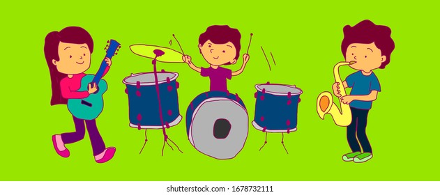 Cartoon kids playing musical instruments and singing