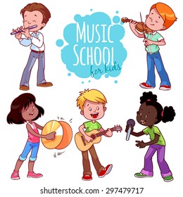 Cartoon kids playing musical instruments and singing. Vector clip art illustration on a white background.