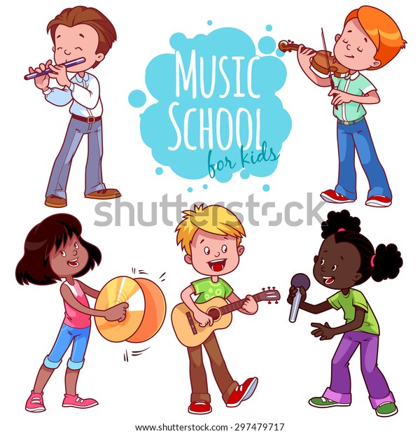楽器を演奏し 歌を歌う漫画の子どもたち 白い背景にベクタークリップ