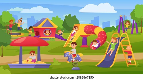 Cartoon kids playing on playground in summer park or kindergarten. Happy children on slide or swing, boy play in sandbox vector illustration. Outdoor activities for playful pupils in camp