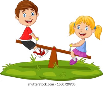 Cartoon kids playing on seesaw in the park