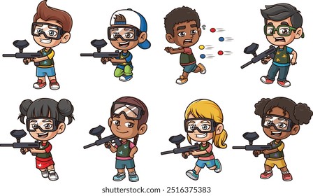 Crianças de desenhos animados jogando paintball. As ilustrações vetoriais são agrupadas com cada imagem em uma camada separada.