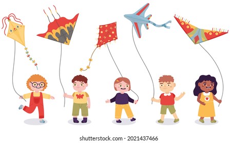 Cartoon Kinder spielen mit Papier fliegenden Drachenspielzeug. Jungen und Mädchen Sommer Outdoor-Aktivität Vektorgrafik. Kinder, die Papier-Drachenspiele fliegen, Freunde, die sich mit bunten Windspielzeug amüsieren