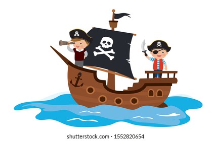 Cartoon kids playing pirate in the ship.Wooden corsair ship at sea. Funny children and sailboat isolated on white background. Flat vector illustration