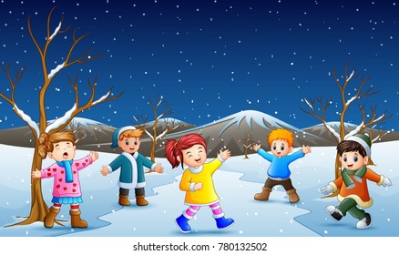 Cartoon kids playing in the snow