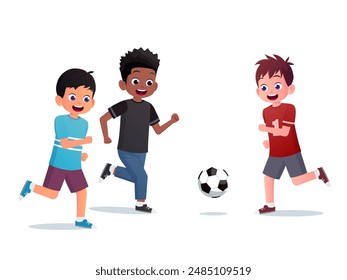 Cartoon Kids Playing Soccer, Children Having Fun playing football together Vector illustration