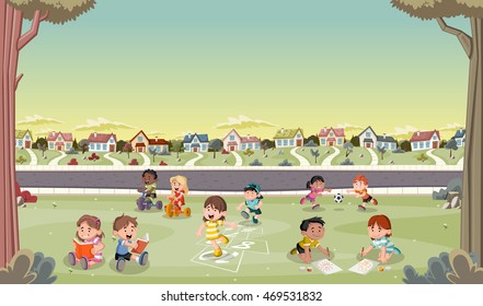 Cartoon Kids Playing In Suburb Neighborhood. Green Park Landscape With Grass, Trees, And Houses.

