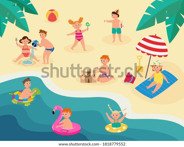 Cartoon Kids Playing Summer Beach Children Stock Vector (Royalty Free ...