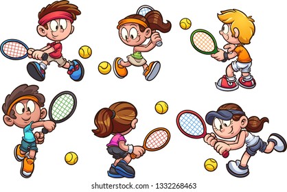 Cartoon kids playing tennis clip art. Vector illustration with simple gradients. Each on a separate layer. 