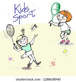 
Cartoon kids playing tennis outdoors. Vector graphics
