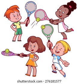 Cartoon kids playing tennis. Vector clip art illustration on a white background.