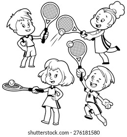 Cartoon kids playing tennis. Vector clip art illustration on a white background.