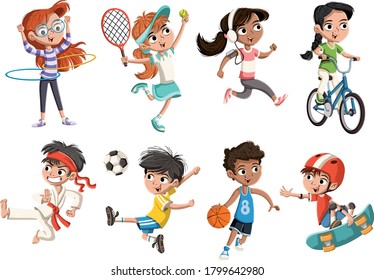 Cartoon kids playing various sports. Children playing.