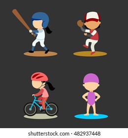 Cartoon kids playing various sports